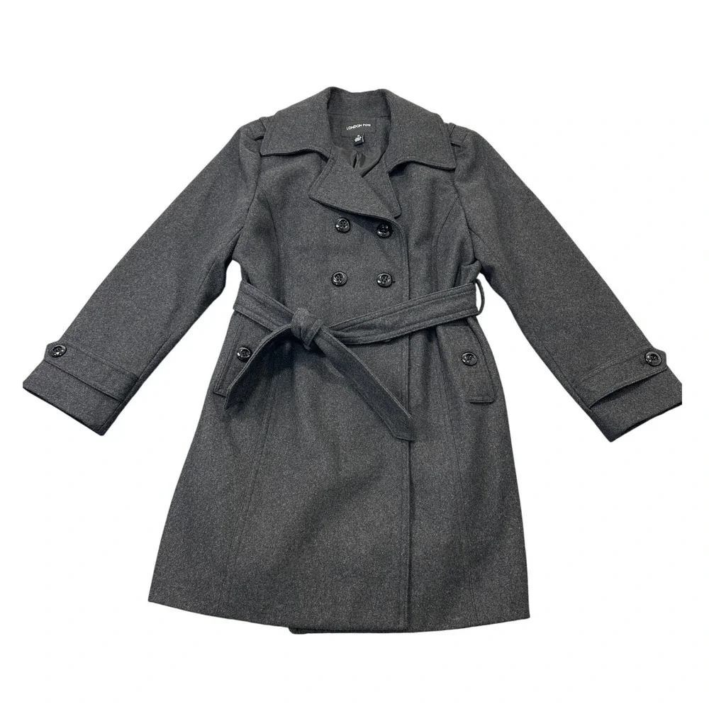London Fog Womens XL Charcoal Gray Double Breasted Belted Trench Coat